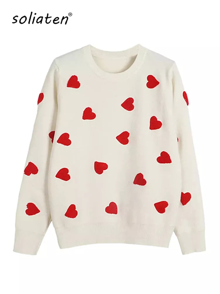 2022 Spring Embroidery Heart Women Sweater O-Neck Kawaii Fashion Pullover Loose Jumper Long Sleeve Knitwear Female C-129