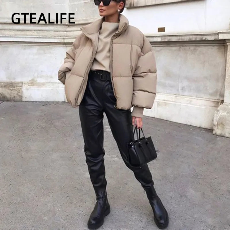 Gtealife Fashion Stand Collar Parkas Women Thick Warm Winter Bubble Coats Female Khaki Jackets Pockets Zipper Simple Overcoats