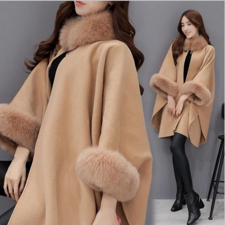 Elegant Women Winter Coats Batwing Fluffy Sleeve Cape Jacket Lady Woolen Overcoat Cape Fox Fur Collar Warm Ponchos Feminino