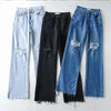 MosiMolly 2021 Spring Ripped Hole Jeans Denim Pants Women Flare Floor Jeans Vintage Blue Black Tassel Jeans Denim Pants Bottom