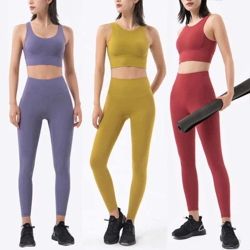 SOISOU New Women's Tracksuit Yoga Set Fitness Sportswear Stretch Soft Sports Suit Gym Clothes Bra Pocket Leggings Women's Suit