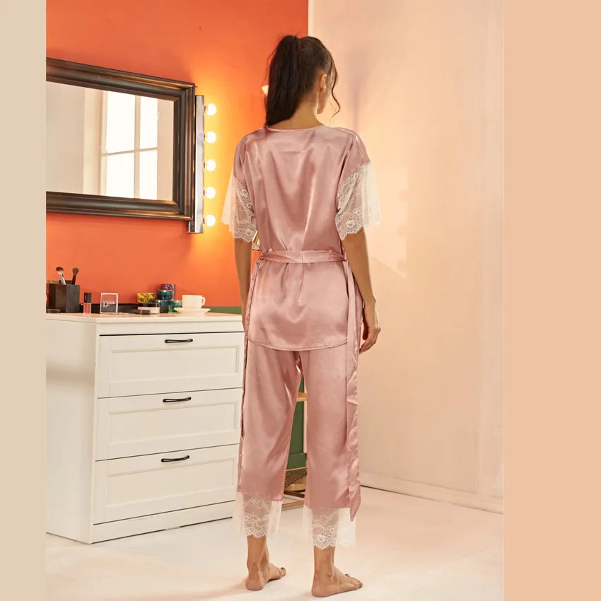 Contrast Lace Scallop Trim Belted Satin Top &amp; Long Pants Women&#39;s Sleepwear Pajamas Set Soft Nightwear