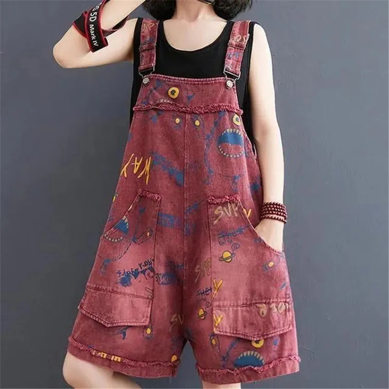 Fashion Cowboy Rompers Women Bib Shorts Female 2022 Summer New Letter Printing Jeans Loose Jumpsuit Denim Five-Point Pants