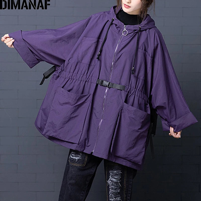 DIMANAF Women Clothing Bomber Jacket Coat Oversize 2021 Autumn Winter Vintage Outerwear Loose Long Sleeve Hooded Zipper Overcoat