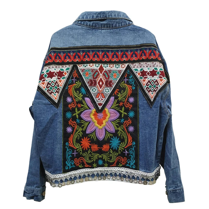 TEELYNN boho Denim jacket for women autumn floral appliques Embroidery vintage coat long sleeve Outerwear female jacket coatee