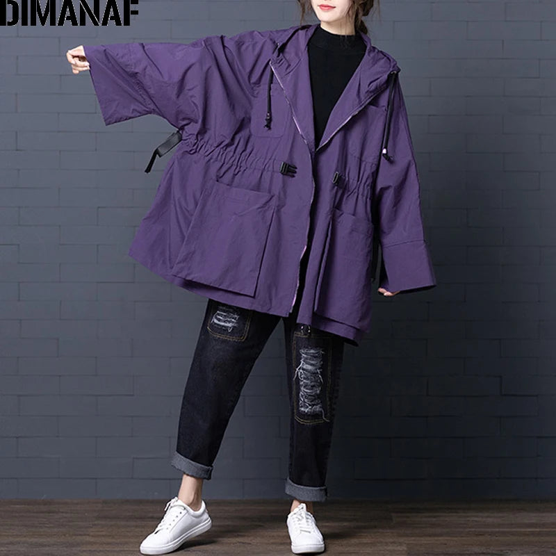 DIMANAF Women Clothing Bomber Jacket Coat Oversize 2021 Autumn Winter Vintage Outerwear Loose Long Sleeve Hooded Zipper Overcoat