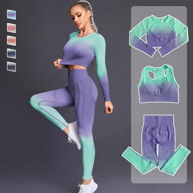 Women&#39;s Seamless Yoga Set Gym Suits Fitness Clothing Sportswear High Waist Leggings Long Sleeve Crop Top Sports Bra tracksuit