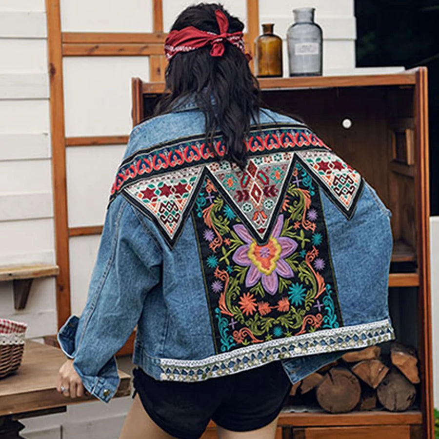 TEELYNN boho Denim jacket for women autumn floral appliques Embroidery vintage coat long sleeve Outerwear female jacket coatee