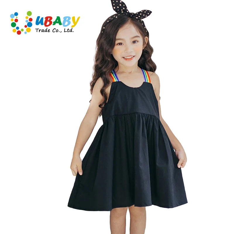 2022 New Arrival Children Clothing Girls Rainbow Strap Simply Black Cotton Dress Lovely Casual Kids Summer Dress