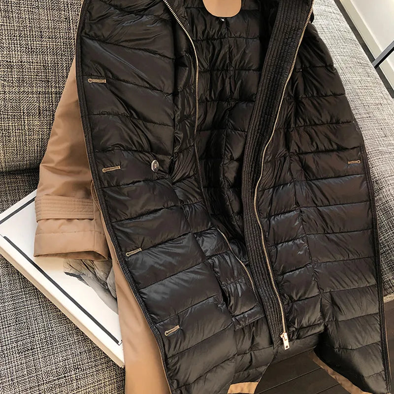 British Down Trench Coat Winter White Duck Down Jacket Women Hooded Long Thick Warm Jackets Puffer Feather Female Parka Mujer