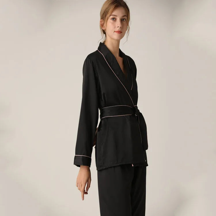 Lisacmvpnel Silk Long Sleeve Trousers Lapel High Archives Pajamas With Belt Solid Color Nightwear