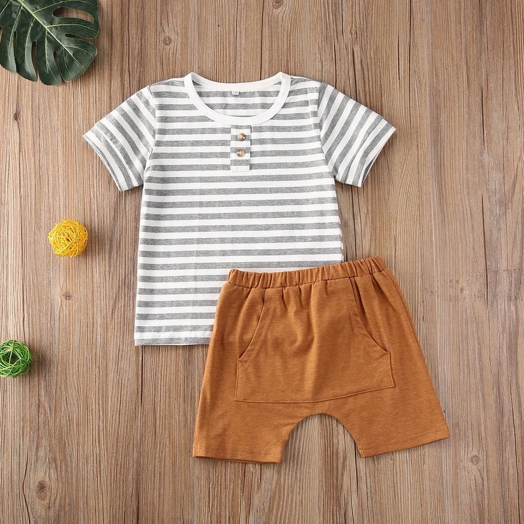 lioraitiin 0-3Years 2Pcs Toddler Baby Boy Clothes Set Striped Short Sleeve T Shirt Top Pants Cool Outfit Clothing Set