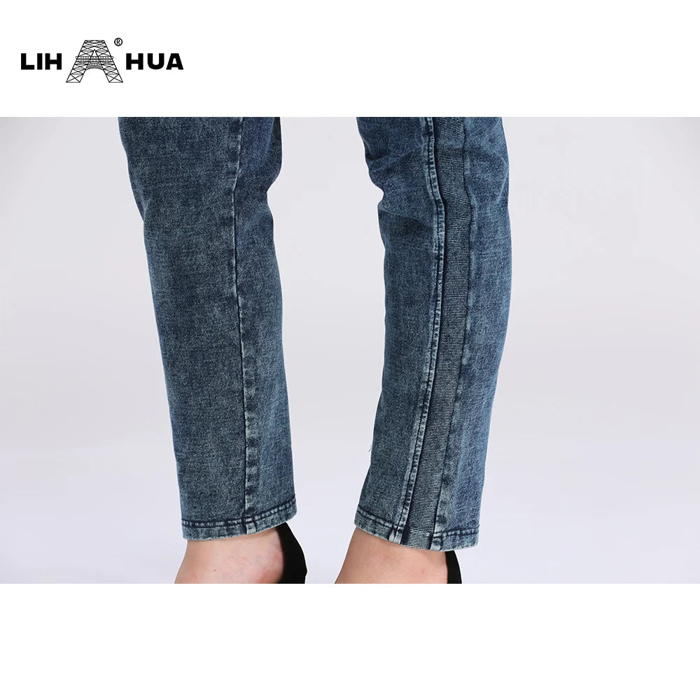 LIH HUA Women&#39;s Plus Size Jeans Autumn High Stretch Cotton Knitted Denim Trousers Casual Soft Jeans