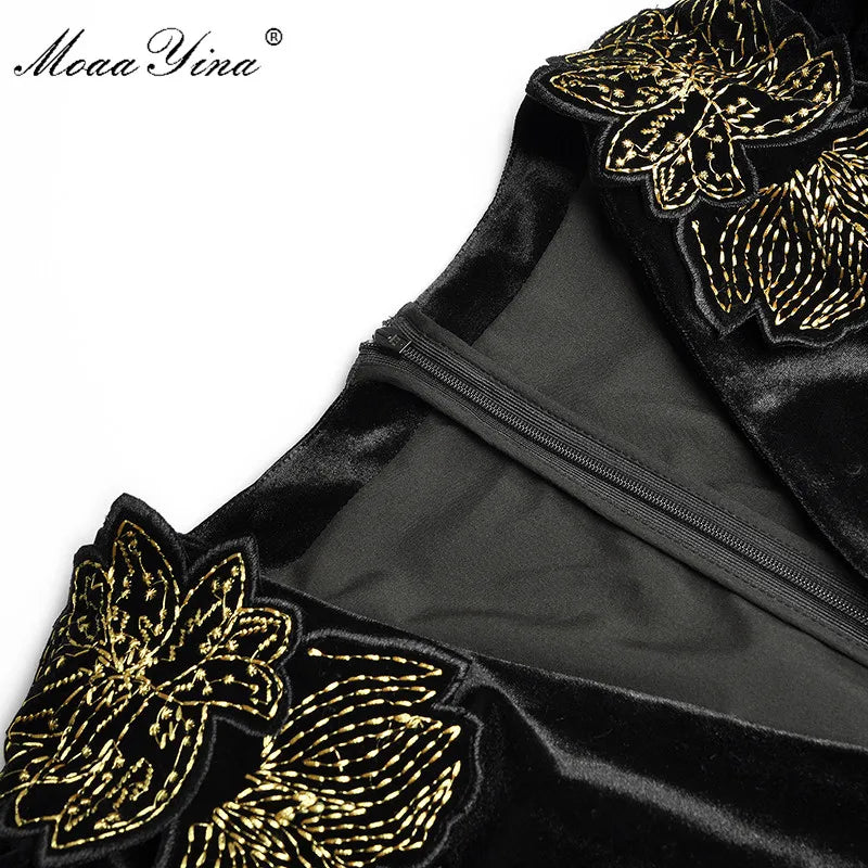 MoaaYina Spring Summer Designer Jumpsuits Women&#39;s V-neck Long sleeve Gold Line Embroidery Velvet Jumpsuits