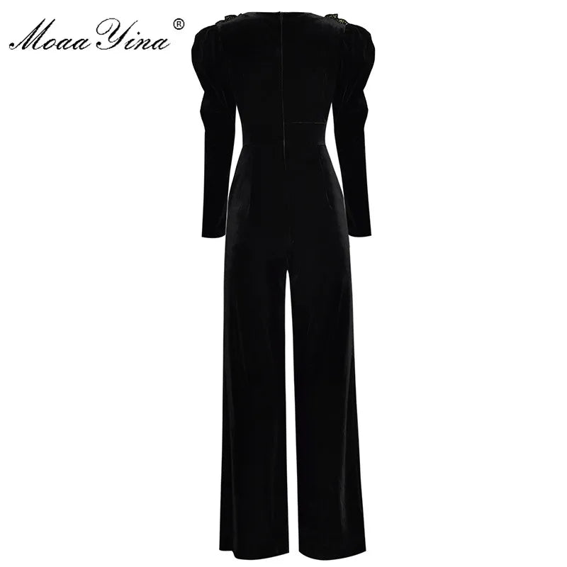 MoaaYina Spring Summer Designer Jumpsuits Women&#39;s V-neck Long sleeve Gold Line Embroidery Velvet Jumpsuits