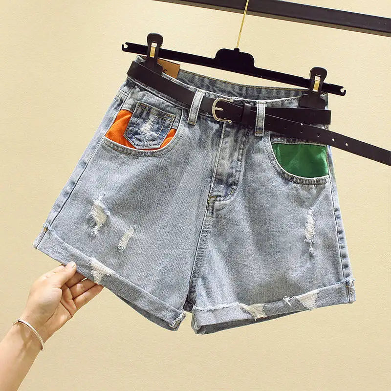 Women Summer Shorts New Style Ripped Hole Washed Denim Shorts High Waist Casual Fashion Irregular Wide-leg Jean Shorts Plus Size