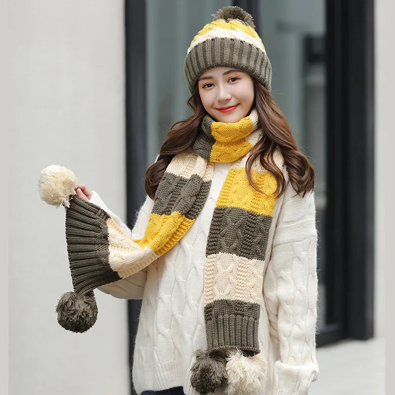 NEW Women's warm winter knitted Beanies hat Hat+scarf+gloves three-piece suit knit Bonnet Beanie Caps Outdoor Riding Sets