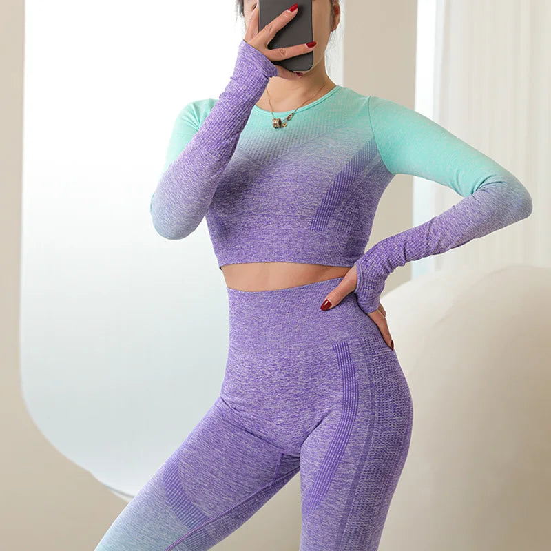 Women&#39;s Seamless Yoga Set Gym Suits Fitness Clothing Sportswear High Waist Leggings Long Sleeve Crop Top Sports Bra tracksuit