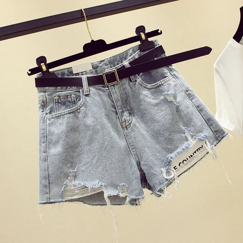 Women Summer Shorts New Style Ripped Hole Washed Denim Shorts High Waist Casual Fashion Irregular Wide-leg Jean Shorts Plus Size