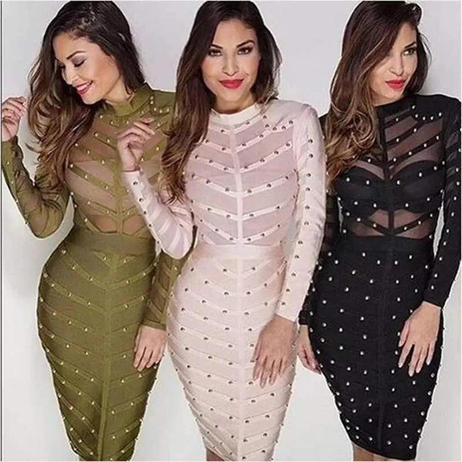 2022 New Black Bandage Dress Women Spring Celebrity Party Dress Long Sleeve Olive Mesh Red Nude Midi Bodycon Club Dress Vestido