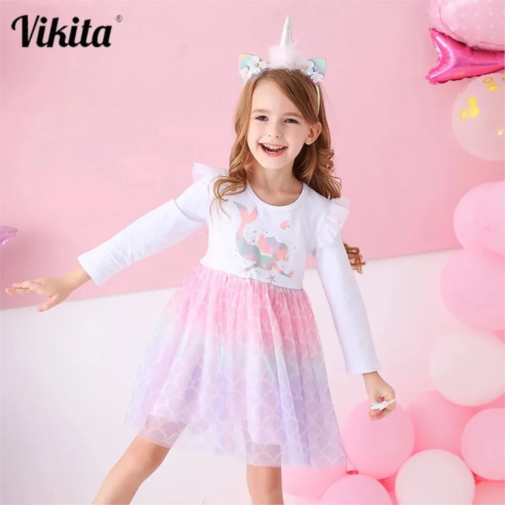 VIKITA Kids Girls Children Clothes Long Sleeve Cartoon Mermaid Princess Dress Autumn Winter Girls Princess Dress Kids Clothing