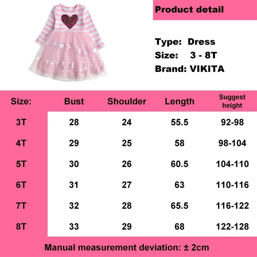 VIKITA Girls Striped Dress Kids Princess Dress for Girl Children Heart Design Dresses Girl School Casual  Wear Children Clothing