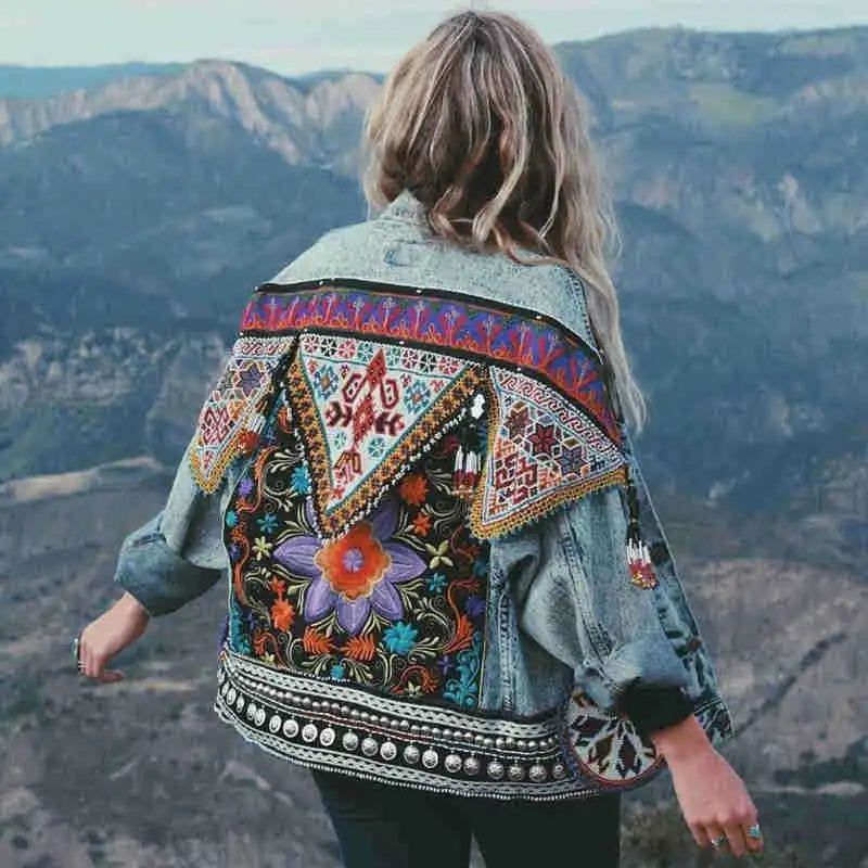 TEELYNN boho Denim jacket for women autumn floral appliques Embroidery vintage coat long sleeve Outerwear female jacket coatee