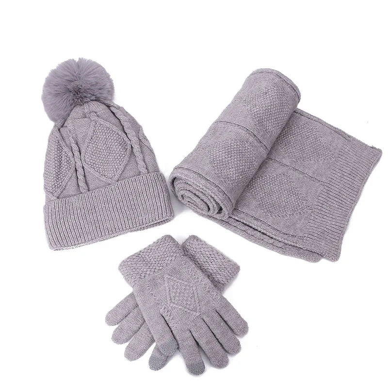 Women's Hat and scarf Gloves set three Pieces for Women Winter Kitted Wool hats for Girls Thick Warm Pom Hat scarf Glove Set