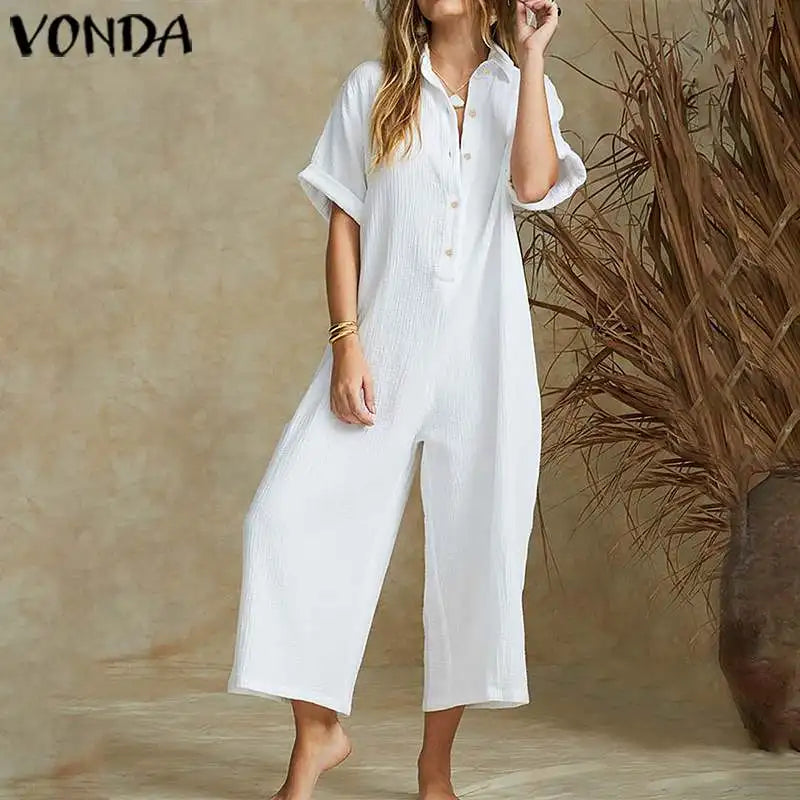 Elegant Summer Jumpsuits Women Vintage Wide Leg Pants 2022 VONDA Female Rompers Women Jumpsuits  Playsuit Casual Solid Overalls