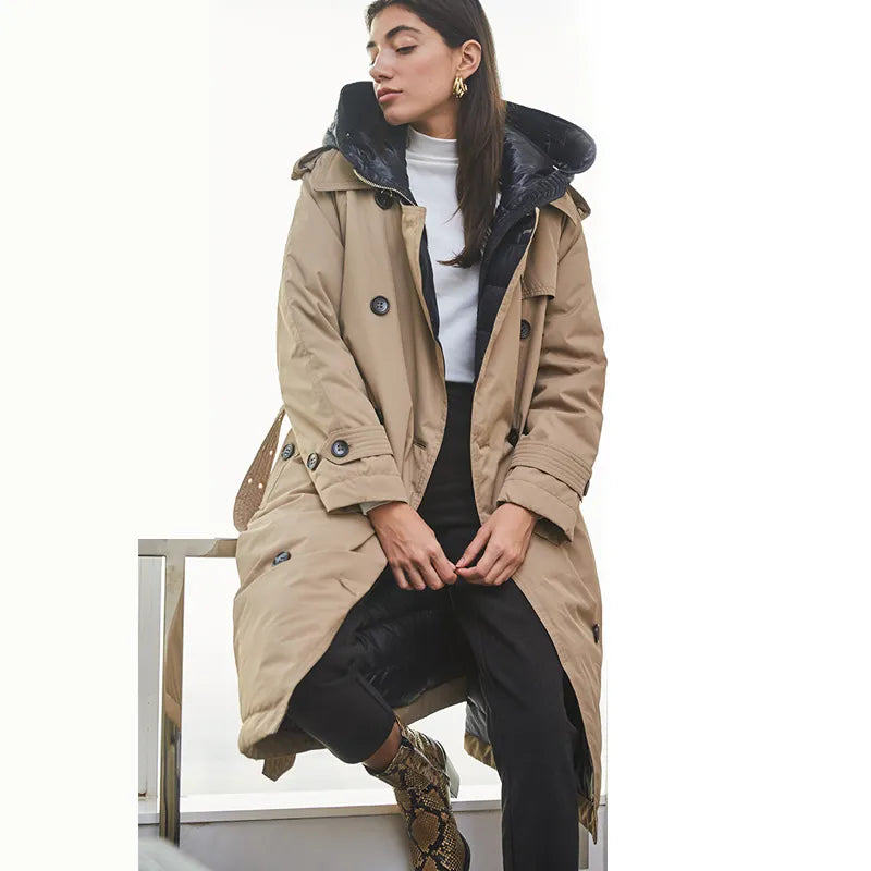 British Down Trench Coat Winter White Duck Down Jacket Women Hooded Long Thick Warm Jackets Puffer Feather Female Parka Mujer