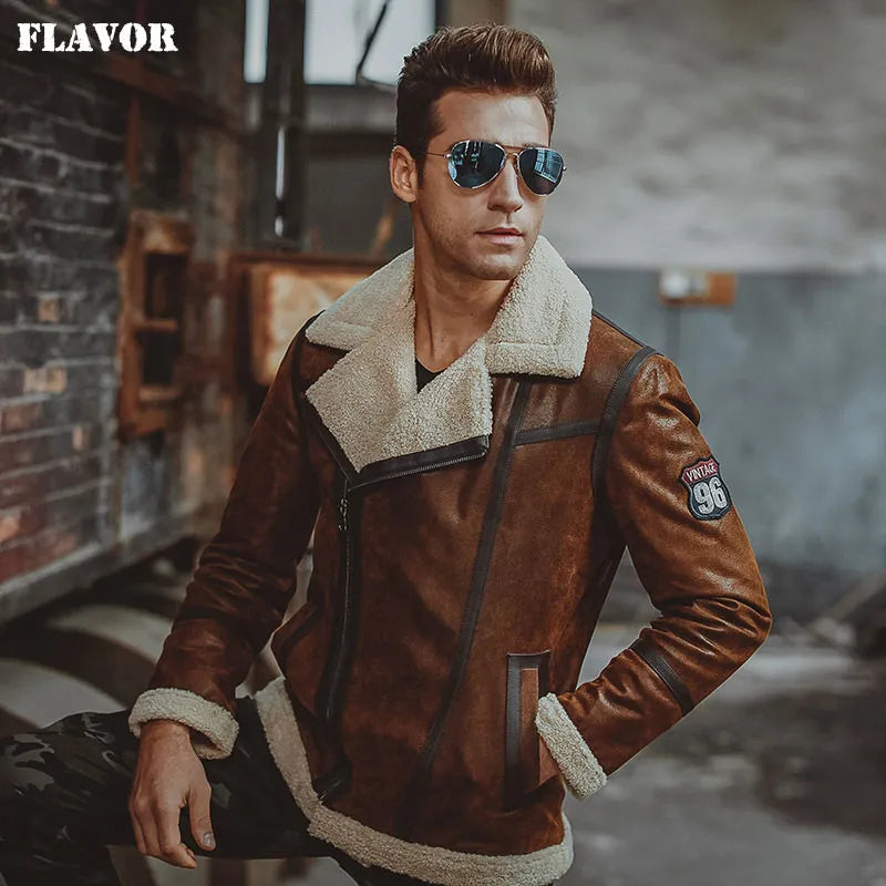 Men's real leather jacket Faux fur shearling motorcycle pigskin Genuine Leather bomber jackets aviator coat men