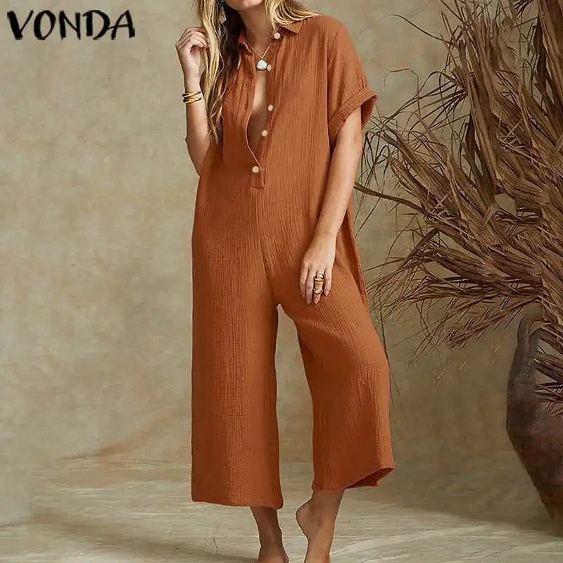 Elegant Summer Jumpsuits Women Vintage Wide Leg Pants 2022 VONDA Female Rompers Women Jumpsuits  Playsuit Casual Solid Overalls