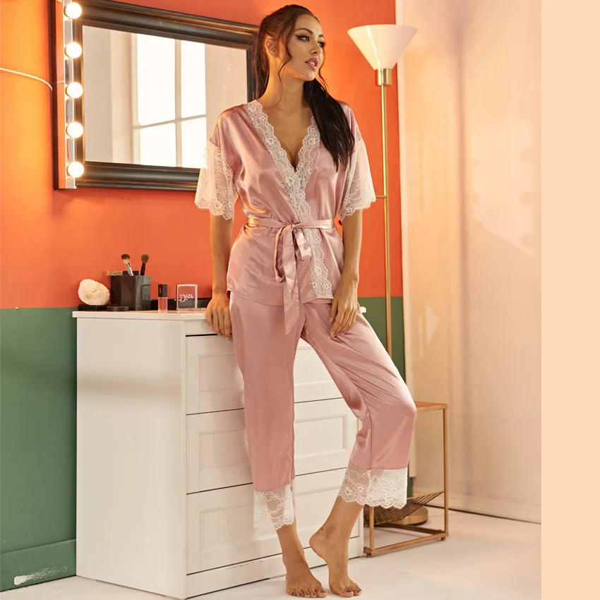 Contrast Lace Scallop Trim Belted Satin Top &amp; Long Pants Women&#39;s Sleepwear Pajamas Set Soft Nightwear