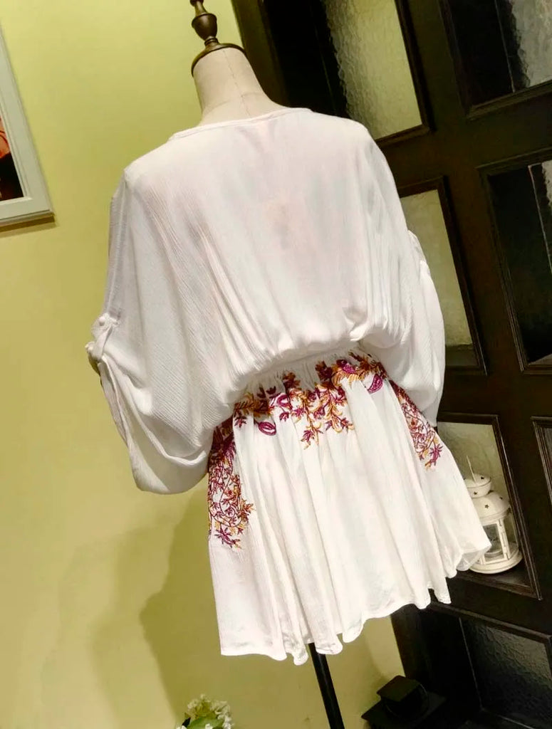 Boho dress sexy dress summer beach style cotton embroidered deep V-neck drawstring Waist half Sleeve mini women brand clothing