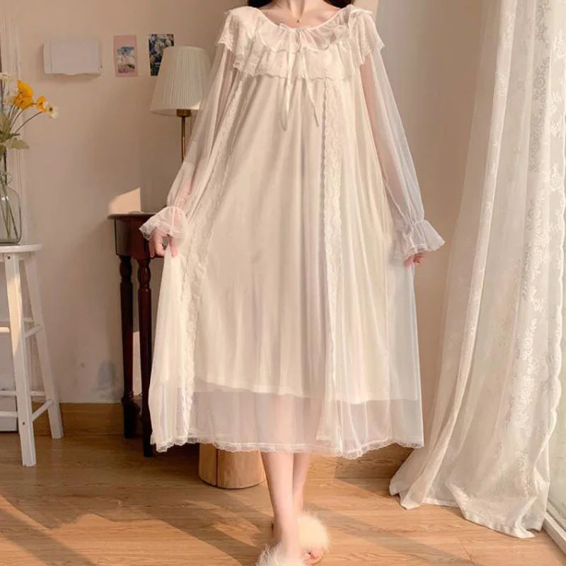 Women Lolita Dress Princess Sleepwear White Lace Mesh Fairy Night Dress Victorian Vintage Nightgown Kawaii Nightdress Loungewear