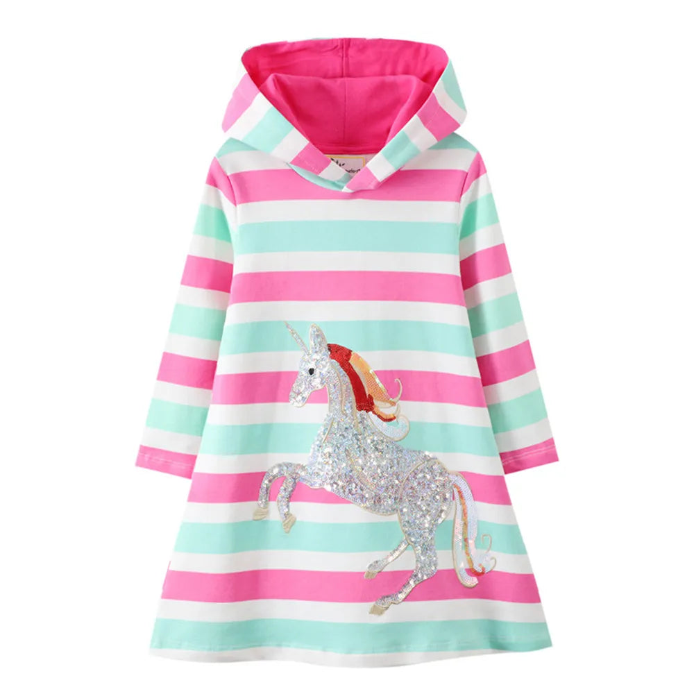 Jumping Meters New Arrival 2022 Unicorn Princess Hooded Dress for Autumn Winter Stripe Fashion Children Cotton Clothing Baby