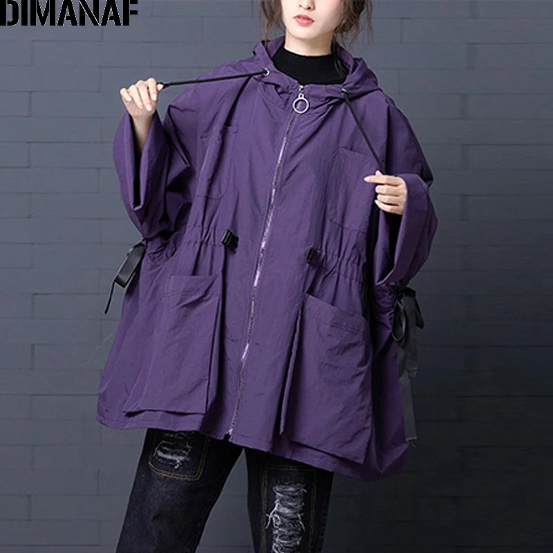 DIMANAF Women Clothing Bomber Jacket Coat Oversize 2021 Autumn Winter Vintage Outerwear Loose Long Sleeve Hooded Zipper Overcoat