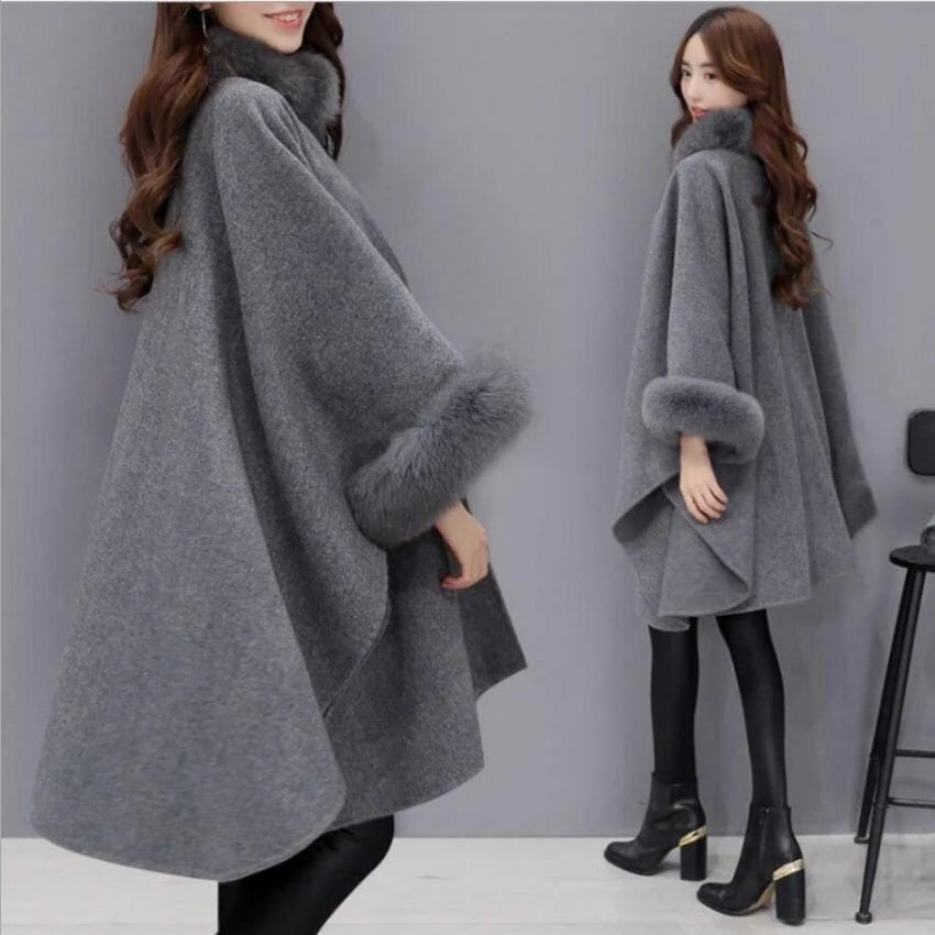 Elegant Women Winter Coats Batwing Fluffy Sleeve Cape Jacket Lady Woolen Overcoat Cape Fox Fur Collar Warm Ponchos Feminino