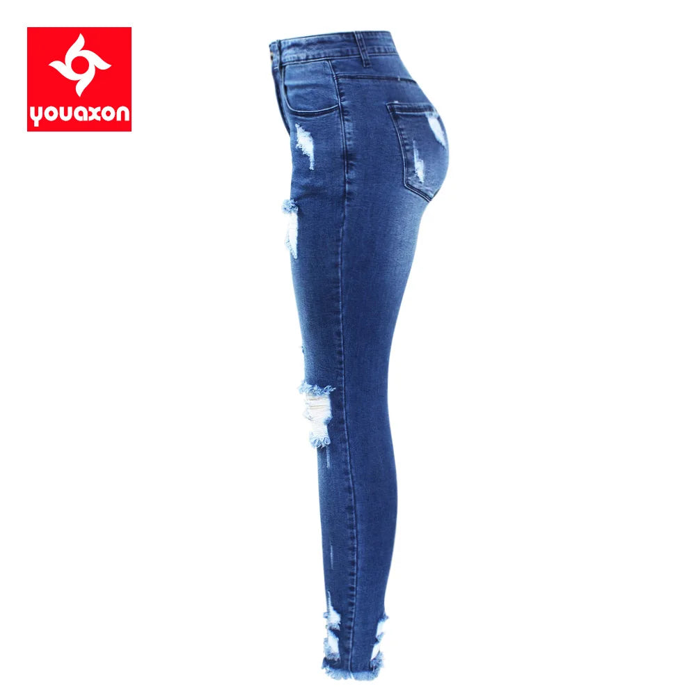 2127 Youaxon New S-XXXXXL Ultra Stretchy Blue Tassel Ripped Jeans Woman Denim Pants Trousers For Women Pencil Skinny Jeans