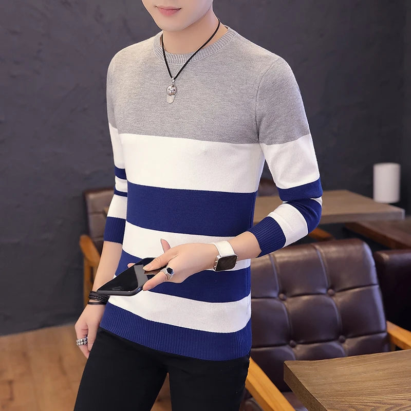 Hot sale men's sweater 2022 Spring Autumn new students South Korean Slim youth striped sweater red and black two colors M-XXL