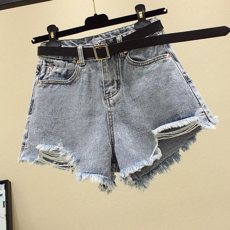 Women Summer Shorts New Style Ripped Hole Washed Denim Shorts High Waist Casual Fashion Irregular Wide-leg Jean Shorts Plus Size