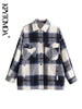 Vintage Stylish Pockets Oversized Plaid Jacket Coat Women Fashion Lapel Collar Long Sleeve Loose Outerwear Chic Tops