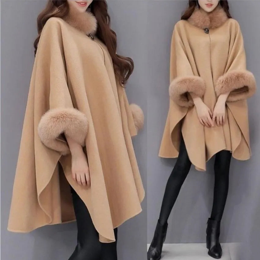 Elegant Women Winter Coats Batwing Fluffy Sleeve Cape Jacket Lady Woolen Overcoat Cape Fox Fur Collar Warm Ponchos Feminino