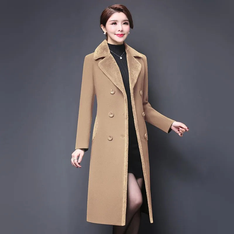 M-5XL Women Wool Blends Coat Autumn Winter 2023 Fashion Mother Thicken Cashmere Collar Long Jacket Slim Tops Outerwear Female