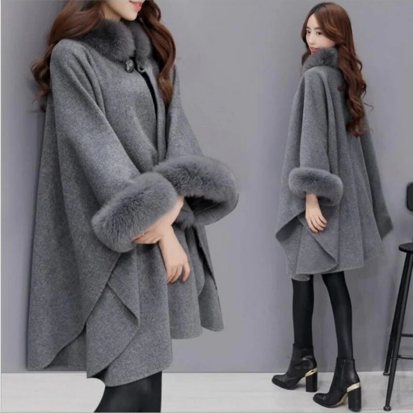 Elegant Women Winter Coats Batwing Fluffy Sleeve Cape Jacket Lady Woolen Overcoat Cape Fox Fur Collar Warm Ponchos Feminino