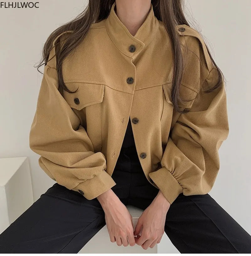 2020 Autumn Winter Short Coats Outerwear Long Sleeve Cute Fashion Solid Single Breasted Button Crop Korean Short Jackets 9020