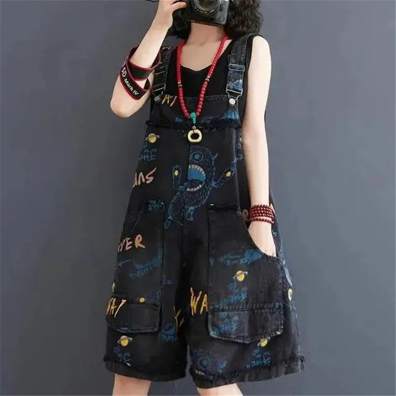 Fashion Cowboy Rompers Women Bib Shorts Female 2022 Summer New Letter Printing Jeans Loose Jumpsuit Denim Five-Point Pants