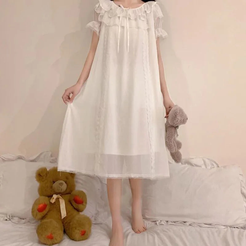 Women Lolita Dress Princess Sleepwear White Lace Mesh Fairy Night Dress Victorian Vintage Nightgown Kawaii Nightdress Loungewear