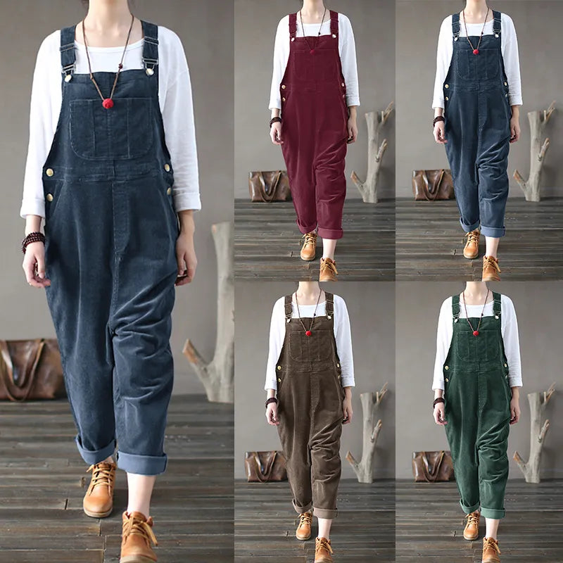 Kaftan Corduroy Overalls Womens Jumpsuits 2022 Autumn Harem Pants Casual Long Pantalon Palazzo Female Button Rompers Playsuit