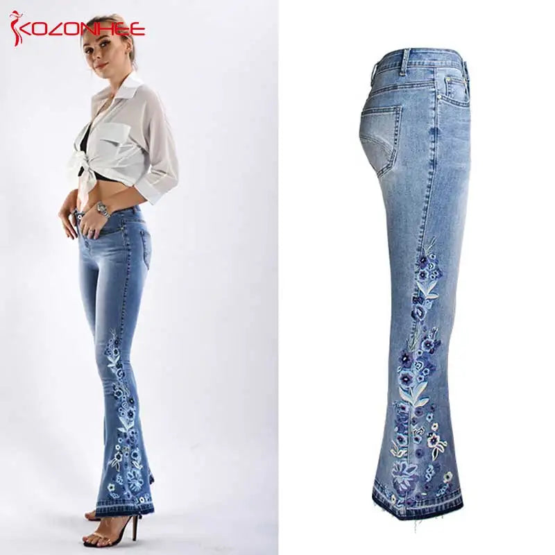 Embroidery Stretching Flare Jeans Women Elasticity Bell-Bottoms Jeans For Girls Light Blue Trousers women Jeans Large Size #72